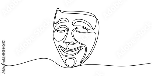 World theater day banner design, with character mask sketch, continuous one line drawing, one line Art icon drawing, Greek mask one line drawing, opera event symbols continuous hand drawn, mask one.