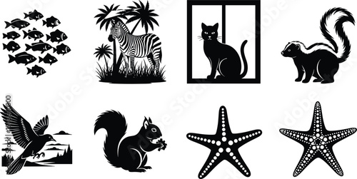 Black and white silhouettes of various animals including a zebra cat skunk squirrel bird fish and starfish for wildlife nature education and home decor,