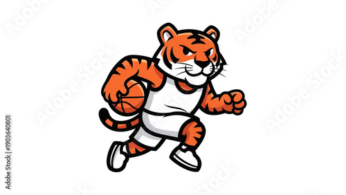 Tableau sur toile Cartoon tiger mascot running with basketball vector illustration isolated