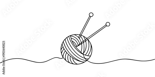 Ball of yarn in continuous one line art drawing style. Single line drawing of yarn ball and thread, Ball of yarn continuous art line sign Round skein, Knitting Essentials Yarn Balls and Needles Line.