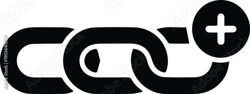 Black abstract linked chain symbol with a plus sign in a circle icon graphic