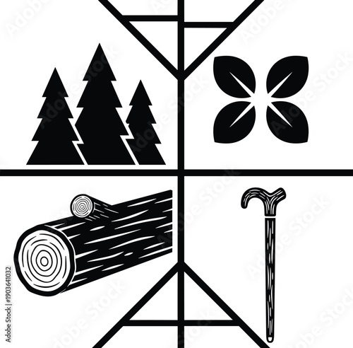 Black and white woodcut style icons featuring evergreen pine trees four leaves a wooden log and a walking cane for forestry and carpentry,