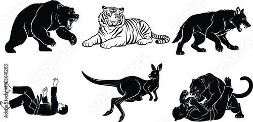 Black silhouettes and line art of a bear tiger wolf kangaroo and martial arts fighters for sports mascots combat training and wild animal power,