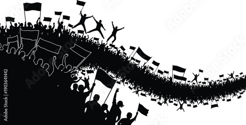 Black silhouettes of a large cheering crowd with flags and banners for social protest political demonstration sports fan celebration and music festival event concepts,