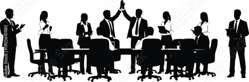 Black silhouettes of a professional business team celebrating success with high fives and applause around a boardroom table for corporate teamwork and leadership concepts,