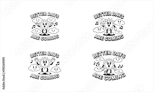 Four Retro Cartoon Illustrations of a Sun Character with Clouds vector illustration