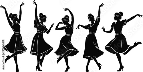 Black silhouettes of elegant women in mid-century vintage dresses dancing with graceful poses for swing jazz social events ballroom parties and artistic fashion inspiration,