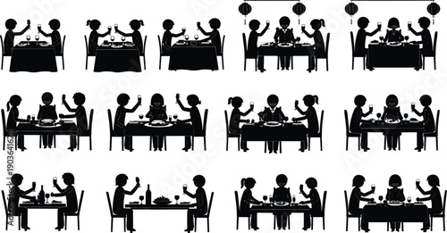 Black silhouettes of couples and groups dining at restaurant tables with wine glasses and food for romantic dates social gatherings and hospitality industry concepts,