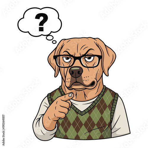 Intelligent dog wearing glasses pondering with a question mark thought bubble