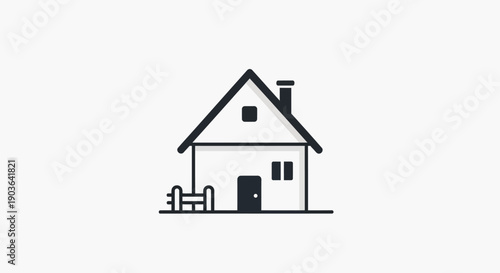 Simple Line Art House Icon with Fence, Isolated White Background