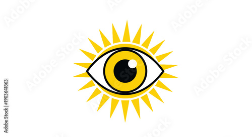 Stylized Eye with Sun Rays Symbolizing Vision Insight and Enlightenment on Isolated White Background