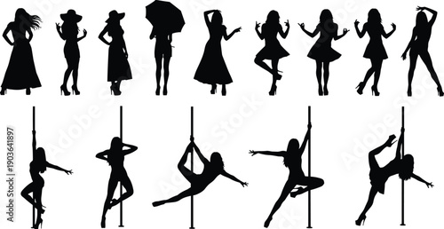 Black silhouettes of stylish women in summer dresses with hats and professional pole dancers performing athletic fitness moves for fashion retail and dance studio,