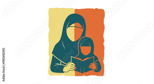 Mother and daughter reading a book together, Islamic family, education, learning, cultural heritage, togetherness, love, knowledge, hijab, modest fashion, illustration