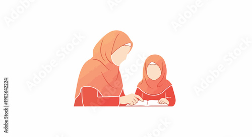 Muslim mother and daughter wearing hijabs studying together, illustrating Islamic education, family bonding, and home learning in a minimalist style.