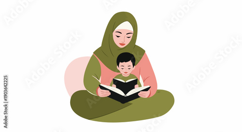 Muslim mother wearing a hijab reads a book to her young son, promoting education and family bonding. Illustration depicting Islamic culture and learning.