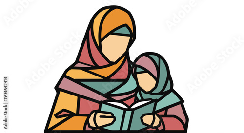 Colorful geometric vector illustration of a Muslim mother and child in hijabs reading a book, symbolizing Islamic family education, bonding, and cultural values.