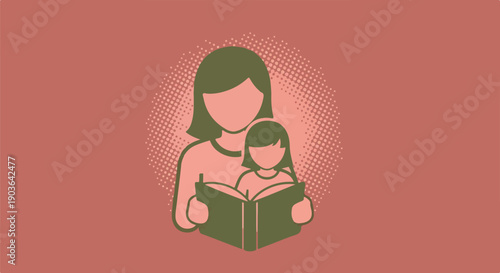 Iconic illustration of a mother and child reading a book, symbolizing family education, literacy, bonding, and the importance of early learning.