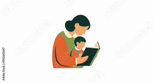 Mother reading a storybook to her child, fostering early literacy and a strong family bond in a cozy, educational moment. Flat vector illustration.