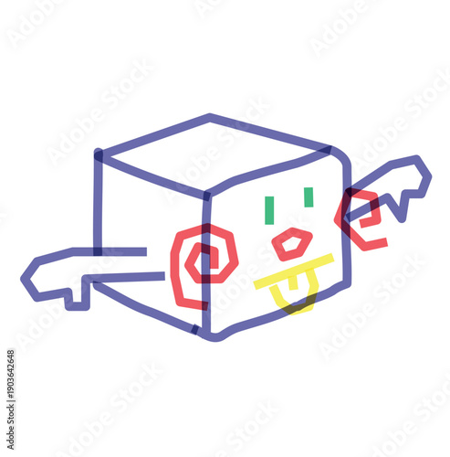 Happy blue cube character waving and smiling in a funny carnival block doodle style