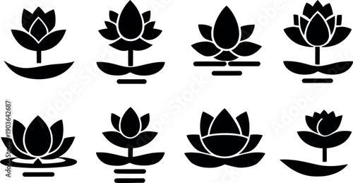Set of vector icons featuring lotus flowers and green leaves in a floral nature design for organic plant symbols and natural spring illustration elements