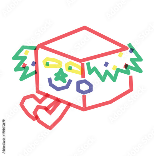 Funny red cube character dressed in carnival costume with feathers and confetti in textured doodle style