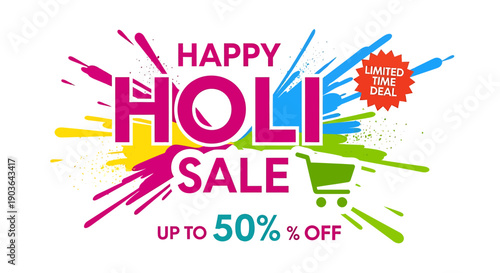 Vibrant holi sale banner with colorful splatters and discount offer