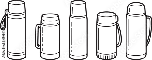 Thermos flasks and travel mugs collection for hot drinks line illustration