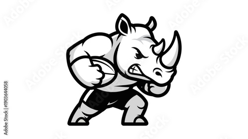 Rugby rhino illustration in a dynamic pose holding a ball with determined expression