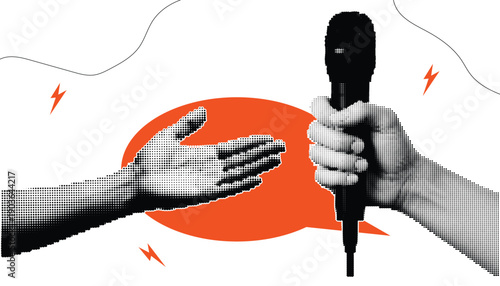 Halftone Collage Hand Holding Microphone for Interview and Journalism Concept, Media Communication, News Reporting, Podcast and Press Vector Illustration
