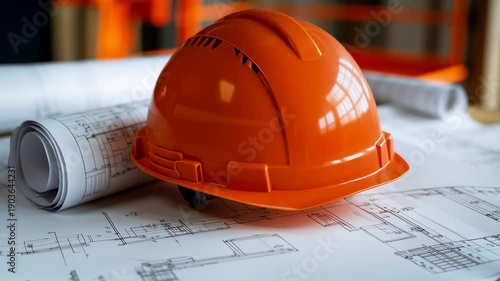 Orange helmet and blueprints on construction site show professional planning and safety