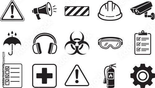 Illustrated essential safety icons that communicate hazard and protective measures with clarity. conveying vital information concisely.