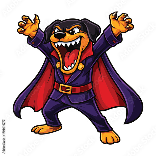 Fierce vampire dog character in purple suit and red cape with sharp claws and open mouth screaming