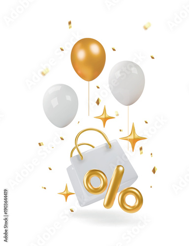 Sale banner 3D percentage gold sign icon. White and gold inflated balloons vector icon. Cartoon discount and low price tag. Sale bag, discount offer poster