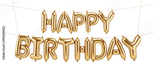 Happy birthday gold foil balloon letters celebration banner isolated on white background party decoration luxury festive event anniversary greeting design