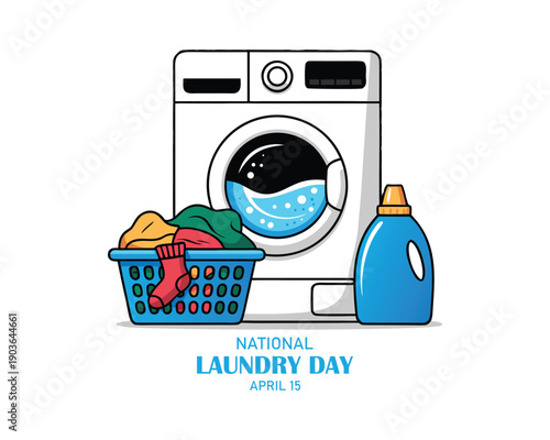 National Laundry Day vector. Washing machine, laundry basket and washing powder icon set vector. Laundry Day Poster, April 15. Important day	
