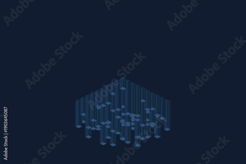 Isometric 3D illustration of a modern data server farm with glowing lights and organized racks, symbolizing digital infrastructure and information processing.