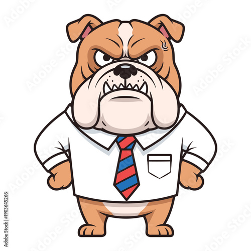 Angry bulldog in shirt and tie, furrowed brow, clenched teeth, aggressive posture, cartoon vector