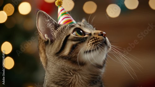 Playful cat with party hat curiously observing festive lights in holiday ambiance