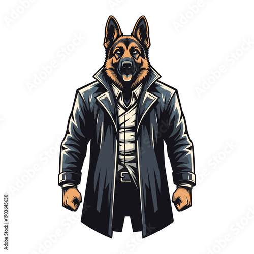 German shepherd in trench coat and dress shirt, alert expression, professional detective, vector art
