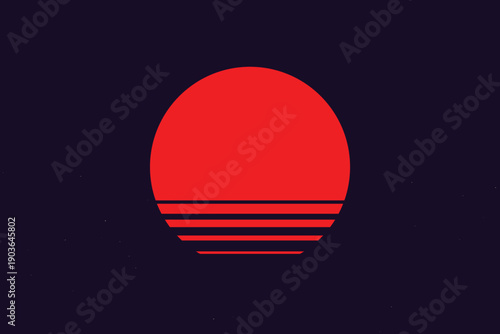Retro wave sunset with bold stripes in vibrant orange, pink, and purple gradients, evoking 80s nostalgia and beach vacation vibes.