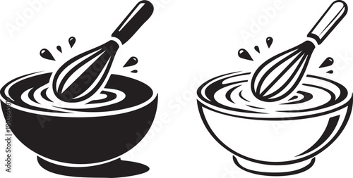 Vector black and white whisk mixing liquid in a bowl, cooking kitchen utensil icon set, isolated on white