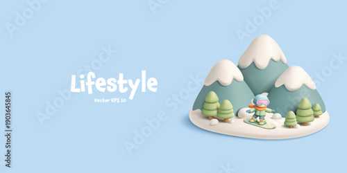 Winter cute scene in the mountains, lifestyle. 3D snowboarder riding, forest. For concepts of winter active recreation, sports, resort. Vector illustration.