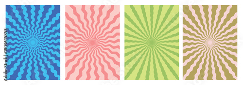 Spiral Swirl Wavy Abstract Retro Groovy Rainbow Patterns. Funky sun wave illustration. Psychedelic Geometric Twirl Vector Background.