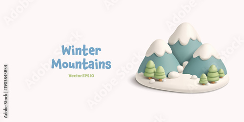 Cute, minimalistic snowy winter mountains and pine trees, fir trees, 3D. Winter landscape banner, vacation, nature, travel. Vector illustration.
