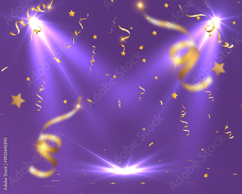 Festive purple background with golden confetti, stars and ribbons illuminated by bright stage spotlights. Celebration lighting effect for holidays, parties, events and promotions.
