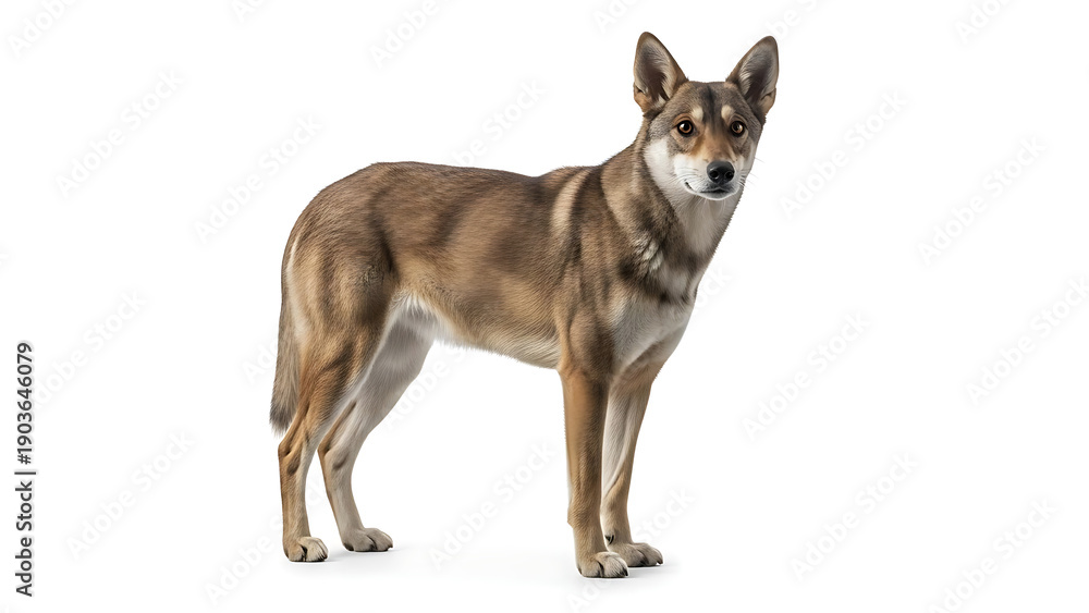 Obraz premium A majestic red wolf stands in a full body studio shot, displaying its sleek fur and watchful expression against a clean white backdrop