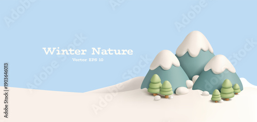 Winter nature banner. 3D snowy mountains and forest. For recreation, travel, lifestyle concepts. Vector illustration.