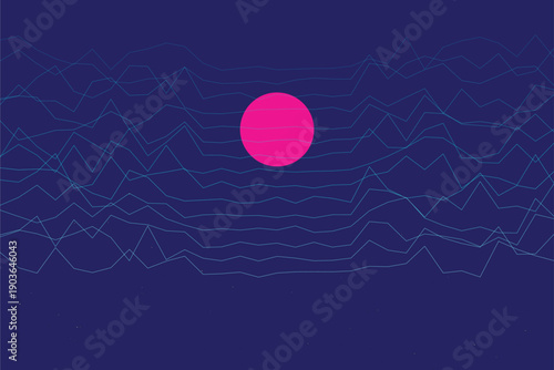 Minimalist wireframe mountain scape with a retro wave sunset and grid, perfect for 80s themed graphic design and abstract art.