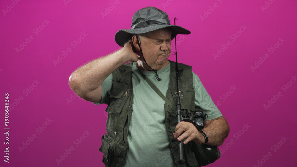 Fototapeta premium Man holding fishing rod with hand on neck for neckache, wearing fishing vest and hat in studio; resilience fatigue.