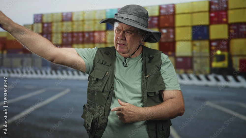 Fototapeta premium Senior man pointing hand while wearing fishing vest and sunhat against container backdrop in studio; curiosity storytelling adventure.